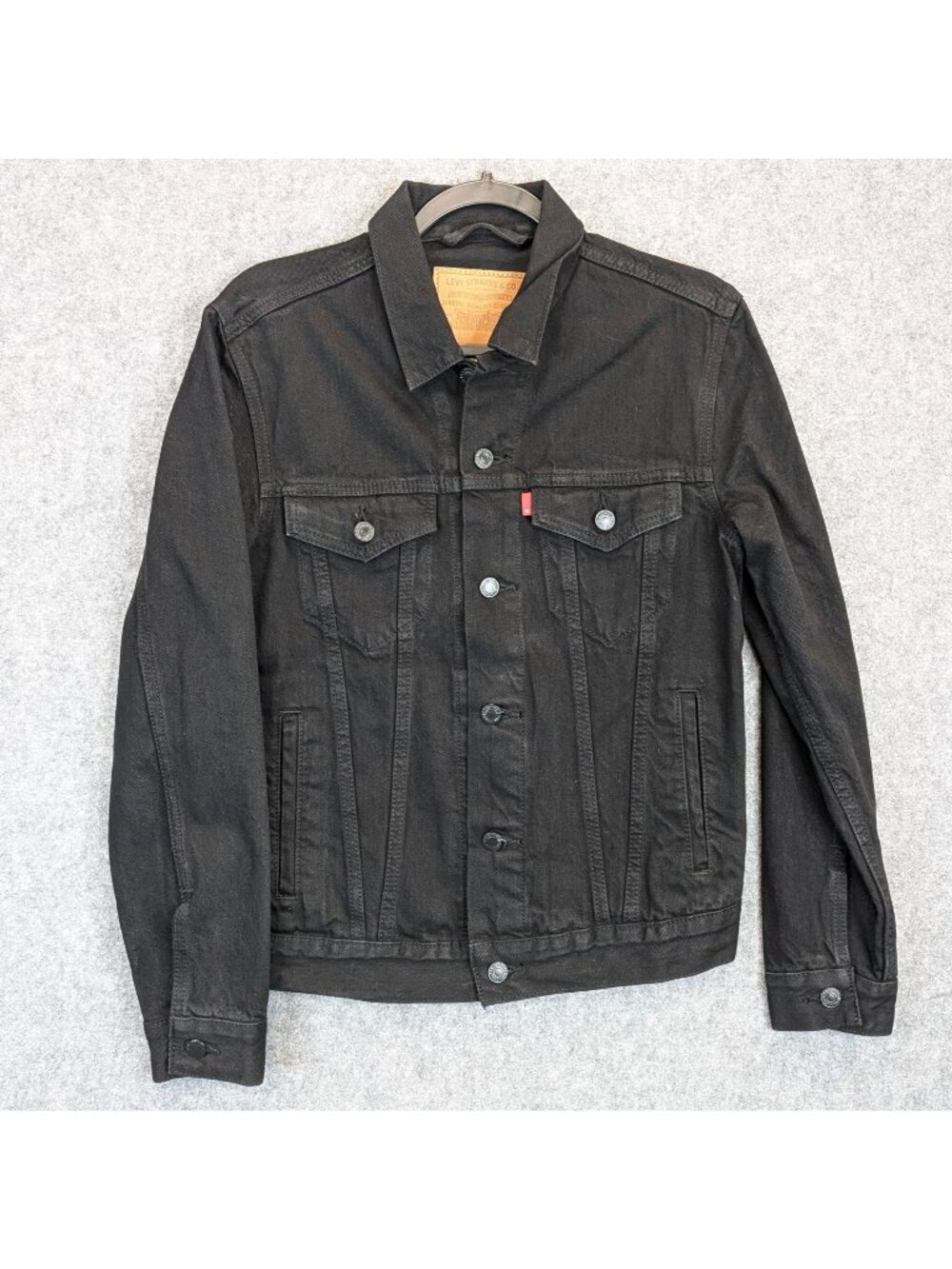 Levis Mens Size Small Premium Black Denim Trucker Jean Jacket Classic Style